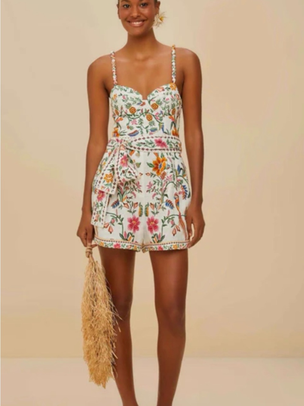 FARM Rio White Floral Embroidered Mini Dress with Tie Waist